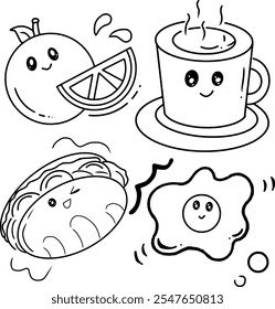 Adorables alimentos para el desayuno al estilo kawaii, incluyendo una taza de café, naranja, pastel y huevo, con expresiones encantadoras. Perfecto para diseños lúdicos, ilustraciones infantiles y proyectos de temática gastronómica.