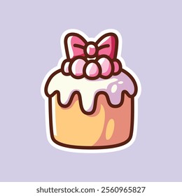 Adorable kawaii-style cake illustration featuring dripping white frosting, a pink bow, and a pastel purple background. Perfect for playful, sweet-themed design projects