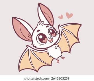 Adorable kawaii-style cartoon bat vector with big sparkling eyes, hearts, and flying wings. Perfect for kids’ designs, Halloween, nursery prints, stickers, and cute animal-themed projects.