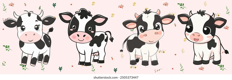 Adorable kawaii-style cartoon cow illustrations, perfect for children's projects, educational materials, and creative designs