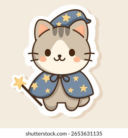 Adorable kawaii-style cat dressed as a wizard with a cloak and magic wand.