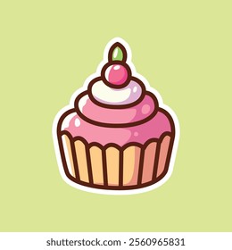 Adorable kawaii-style cupcake illustration featuring pink frosting, a cherry topping, and a light green background. Perfect for sweet-themed projects and playful designs