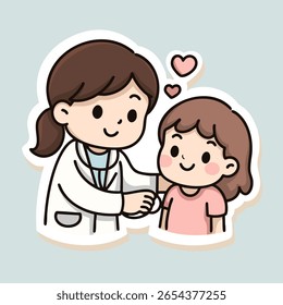 Adorable kawaii-style female doctor listening to a heart with a stethoscope. Great for children’s medical stickers, healthcare illustrations, and cartoon doctor collections.