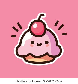 Adorable kawaii-style ice cream illustration featuring a smiling scoop with a cherry on top, set against a vibrant pink background. Perfect for kids' designs, branding, and fun projects