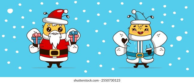 Adorable kawaii-style illustration of two bees dressed as Santa Claus and Snow Maiden. The cheerful characters are perfect for holiday-themed designs, greeting cards, social media, and festive decor.