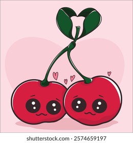 Adorable kawaii-style illustration of two cherries with smiling faces, connected by stems forming a heart shape. The background has a soft pink heart, emphasizing love and togetherness.