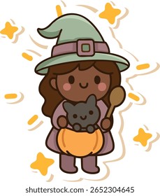 Adorable kawaii-style little witch with a pumpkin drink and a cute cat sipping from it. Available in both light and dark skin versions. Perfect for Halloween designs, children's illustrations, magical