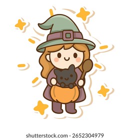 Adorável kawaii-estilo bruxa pequena com uma bebida de abóbora e um gato bonito saboreando dele. Disponível nas versões de pele clara e escura. Perfeito para desenhos de Halloween, ilustrações infantis, mágico
