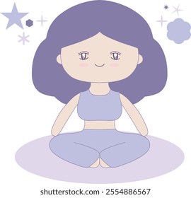 Adorable kawaii-style meditation girl icon in pastel colors, perfect for mindfulness designs, wellness apps, or journaling graphics. Simple, calming, and ideal for promoting peace and relaxation.