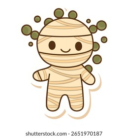 Adorable kawaii-style mummy wrapped in soft white bandages, smiling sweetly in pastel tones. Perfect for Halloween clipart sets, stickers, party invites, and spooky-but-cute kids’ designs.