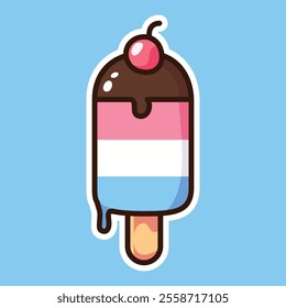 Adorable kawaii-style popsicle illustration featuring a colorful design with chocolate topping and a cherry on top, set against a bright blue background. Perfect for playful and fun projects