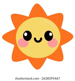 Adorable kawaii-style sun with smiling face and blushing cheeks. Perfect for summer-themed designs, kids' graphics, t-shirts, posters, and seasonal digital art. Vector flat illustration.