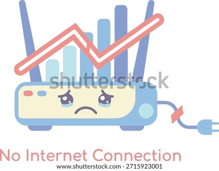 Adorable kawaii-style vector design featuring a crying Wi-Fi router experiencing a service failure. This technological graphic visualizes a 'No Internet Connection' error with a broken power cable and a signal strength chart indicating an outage. Ideal digital art for presentations, tech support, and network problem visualizations.