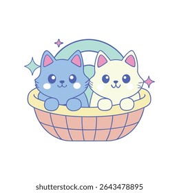 vetor de estilo kawaii adorável de gatinhos fofos em uma cesta pastel com brilhos em fundo branco, perfeito para projetos de dia de gato internacional e projetos temáticos de gato bonito.