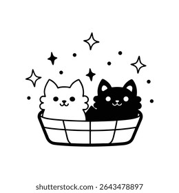 vetor de estilo kawaii adorável de gatinhos fofos em uma cesta pastel com brilhos em fundo branco, perfeito para projetos de dia de gato internacional e projetos temáticos de gato bonito.