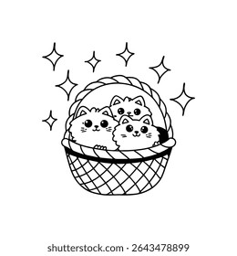 vetor de estilo kawaii adorável de gatinhos fofos em uma cesta pastel com brilhos em fundo branco, perfeito para projetos de dia de gato internacional e projetos temáticos de gato bonito.