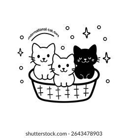 vetor de estilo kawaii adorável de gatinhos fofos em uma cesta pastel com brilhos em fundo branco, perfeito para projetos de dia de gato internacional e projetos temáticos de gato bonito.