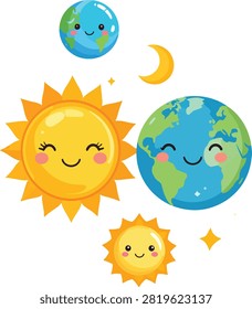 Adorable kawaii-style vector illustration set featuring smiling Sun, Earth, Moon, and planet characters with cute facial expressions.