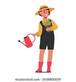 Adorable Kid Character In Gardener Costume Joyfully Holds A Watering Can And A Plant, Embodying A Future Profession, Budding Passion For Nurturing Nature Blossoms. Cartoon People Vector Illustration