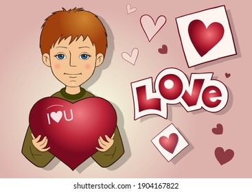 Adorable kid child in cartoon style isolated clipart. Cute boy Happy Valentine's Day vector illustration. Character for congratulation with wedding, birthday, poster, banner. Holiday background design