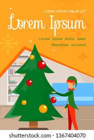 Adorable Kid in Elf Costume Decorating Christmas Tree with Balls at Home Interior Background. Festive Advertising Flyer, Poster, Invitation Template. Cartoon Flat Vector Illustration. Vertical Banner.