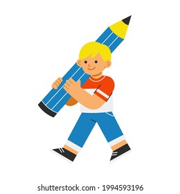Adorable kid holding a crayon. Back to school concept illustration.
