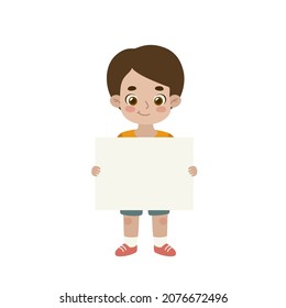 Adorable kid holding empty banner. Cartoon smiling boy showing blank paper placard.