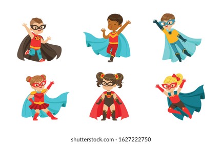 Adorable Kid Superheroes in Various Poses Collection, Cute Little Boys and Girls Wearing Colorful Comics Costumes and Masks, Birthday Party, Festival Design Element Vector Illustration