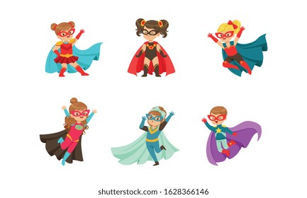 Adorable Kid Superheroes in Various Poses Collection, Cute Little Boys and Girls Wearing Colorful Comics Costumes Vector Illustration