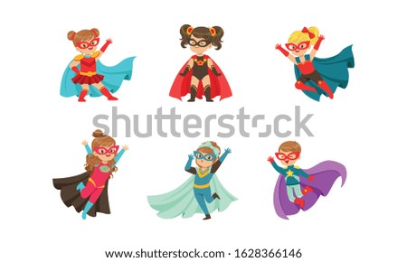 Adorable Kid Superheroes in Various Poses Collection, Cute Little Boys and Girls Wearing Colorful Comics Costumes Vector Illustration