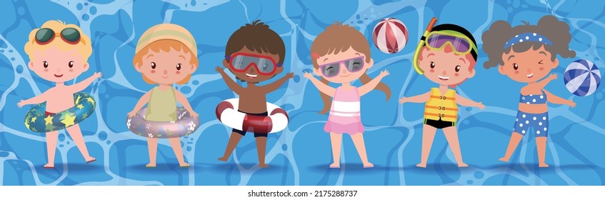 Adorable kid wearing swimsuit having fun in summer