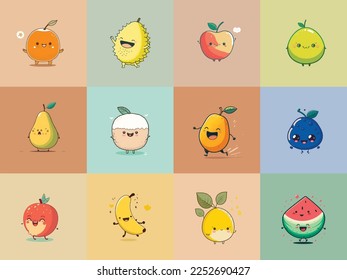 Adorable kiddy cartoon cute assorted set fruits, muzzle with faces and winking eyes, pastel bright colors, Vector, collection set, children illustration, wallpaper