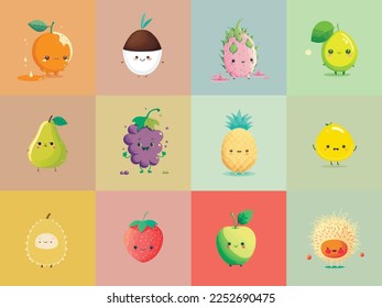 Adorable kiddy cartoon cute assorted set fruits, muzzle with faces and winking eyes, pastel bright colors, Vector, collection set, children illustration, wallpaper