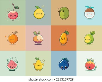 Adorable kiddy cartoon cute assorted set fruits, muzzle with faces and winking eyes, pastel bright colors, Vector, collection set, children illustration, wallpaper