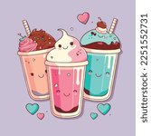 Adorable kiddy cartoon cute funny milkshake cold brew ice cream, muzzle with face and winking eyes, pastel colors, Vector, collection set, children illustration, wallpaper	