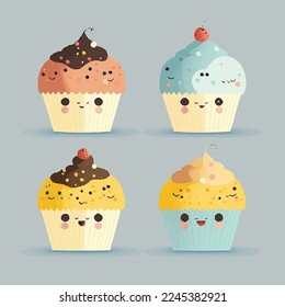 Caricatura infantil adorable lindo quequito de muffin divertido, bozal con mejillas rosadas y ojos guiñados, colores pastel, vector, colección, ilustración infantil, papel pintado