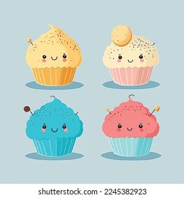 Caricatura infantil adorable lindo quequito de muffin divertido, bozal con mejillas rosadas y ojos guiñados, colores pastel, vector, colección, ilustración infantil, papel pintado