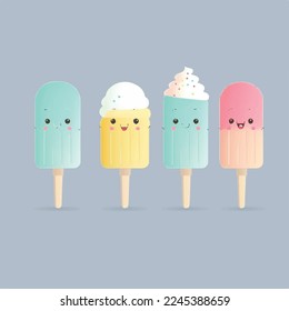 Adorable kiddy cartoon cute funny Ice cream popsicle ice lolly soft serve, muzzle with pink cheeks and winking eyes, pastel colors, Vector, collection set, children illustration, wallpaper