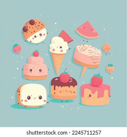 Caricatura infantil adorable tierna pastelería de postres divertida, dulces de solla de quequitos, pastel, helado, bozal con mejillas rosas y ojos guiñadores, vector, colección, ilustración infantil, papel pintado