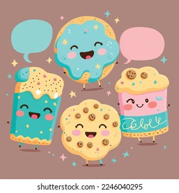 Caricatura infantil adorable lindo galletas de galletas graciosas, bozal con ojos de cara y guiños, colores pastel brillantes, Vector, colección, ilustración infantil, papel pintado