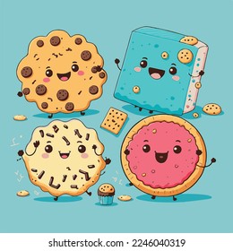 Caricatura infantil adorable lindo galletas de galletas graciosas, bozal con ojos de cara y guiños, colores pastel brillantes, Vector, colección, ilustración infantil, papel pintado