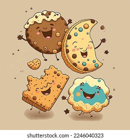 Caricatura infantil adorable lindo galletas de galletas graciosas, bozal con ojos de cara y guiños, colores pastel brillantes, Vector, colección, ilustración infantil, papel pintado