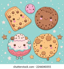 Caricatura infantil adorable lindo galletas de galletas graciosas, bozal con ojos de cara y guiños, colores pastel brillantes, Vector, colección, ilustración infantil, papel pintado