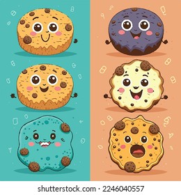 Caricatura infantil adorable lindo galletas de galletas graciosas, bozal con ojos de cara y guiños, colores pastel brillantes, Vector, colección, ilustración infantil, papel pintado