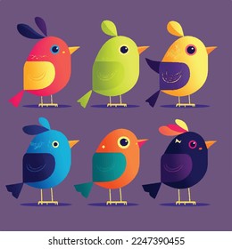 Caricatura infantil adorable lindo pájaros divertidos pollitos alas de plumas de pollo mosca, bozal con ojos de cara y guiño, colores pastel brillantes, Vector, colección set, ilustración infantil, papel tapiz

