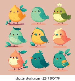 Caricatura infantil adorable lindo pájaros divertidos pollitos alas de plumas de pollo mosca, bozal con ojos de cara y guiño, colores pastel brillantes, Vector, colección set, ilustración infantil, papel tapiz

