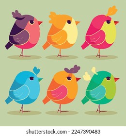 Caricatura infantil adorable lindo pájaros divertidos pollitos alas de plumas de pollo mosca, bozal con ojos de cara y guiño, colores pastel brillantes, Vector, colección set, ilustración infantil, papel tapiz

