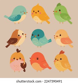 Caricatura infantil adorable lindo pájaros divertidos pollitos alas de plumas de pollo mosca, bozal con ojos de cara y guiño, colores pastel brillantes, Vector, colección set, ilustración infantil, papel tapiz

