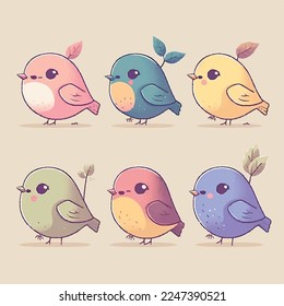 Caricatura infantil adorable lindo pájaros divertidos pollitos alas de plumas de pollo mosca, bozal con ojos de cara y guiño, colores pastel brillantes, Vector, colección set, ilustración infantil, papel tapiz

