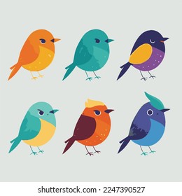 Adorable kiddy cartoon cute funny birds chick chicken feather wings fly, muzzle with face and winking eyes, pastel bright colors, Vector, collection set, children illustration, wallpaper

